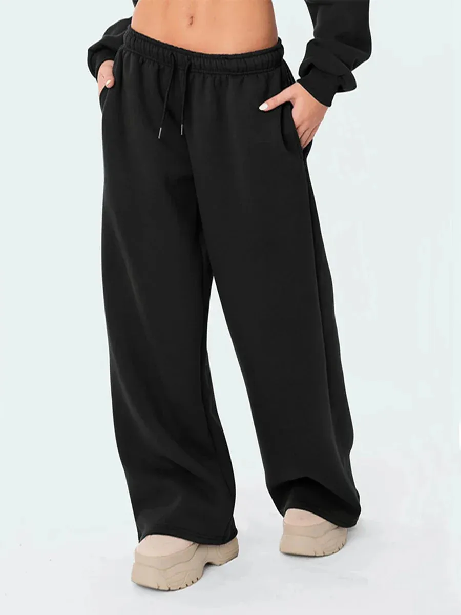 Wide Leg Joggers Solid Drawstring High Waist Lounge Casual Pants