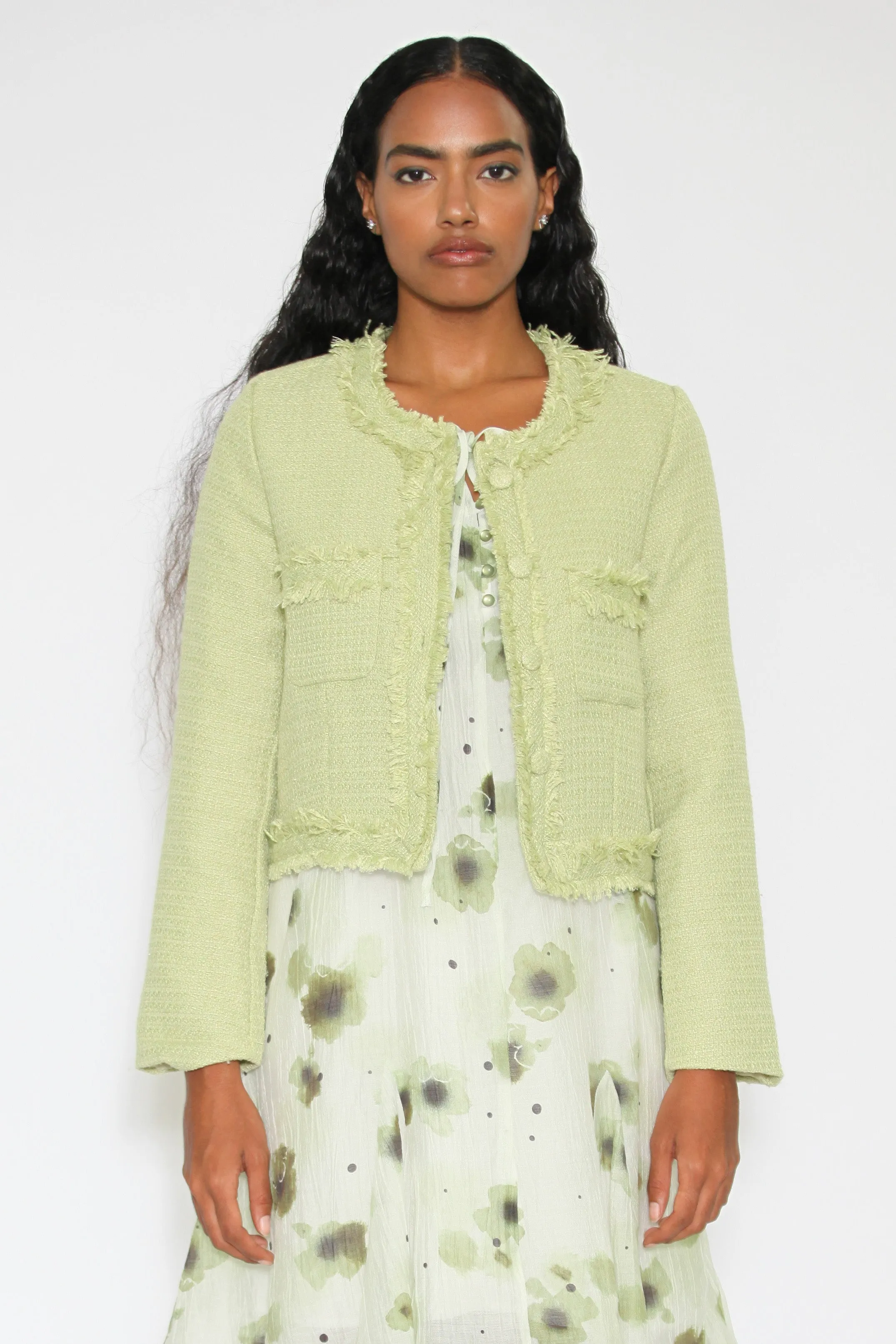 Wool Green Tweed Cropped Blazer