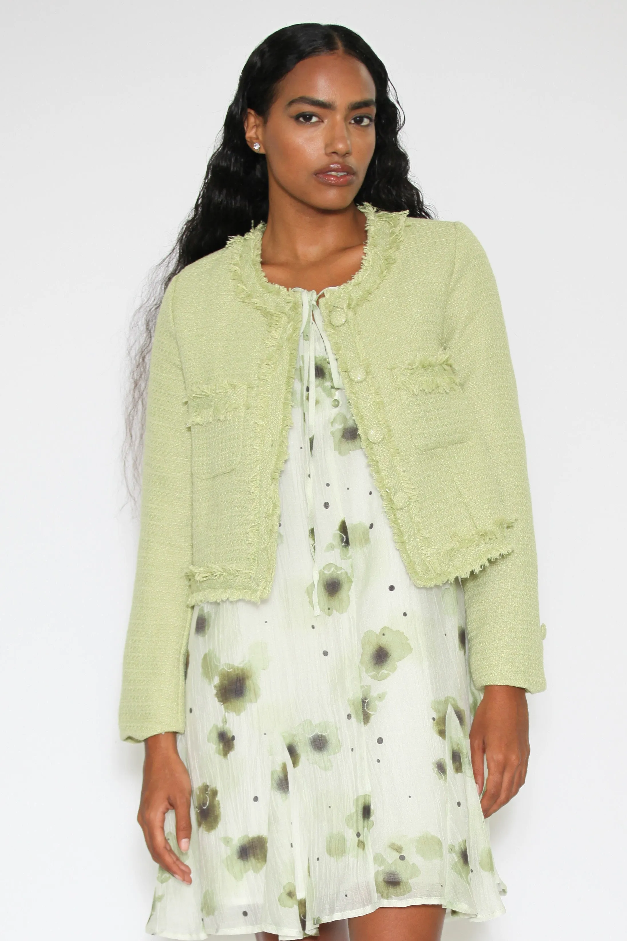 Wool Green Tweed Cropped Blazer