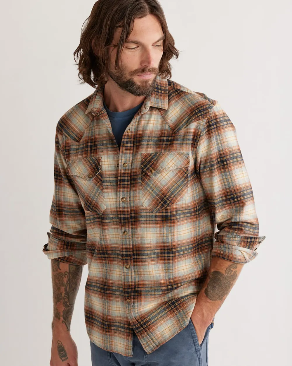 Wyatt Cotton Shirt - Ochre/Navy/Gold Plaid