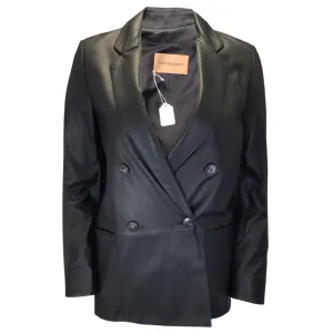 Yves Salomon Black Double Breasted Silk Lined Lambskin Leather Blazer