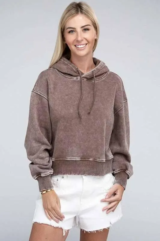 Zenana Acid Washed Cropped Hoodie