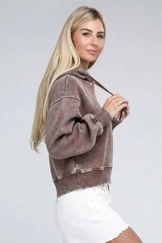 Zenana Acid Washed Cropped Hoodie